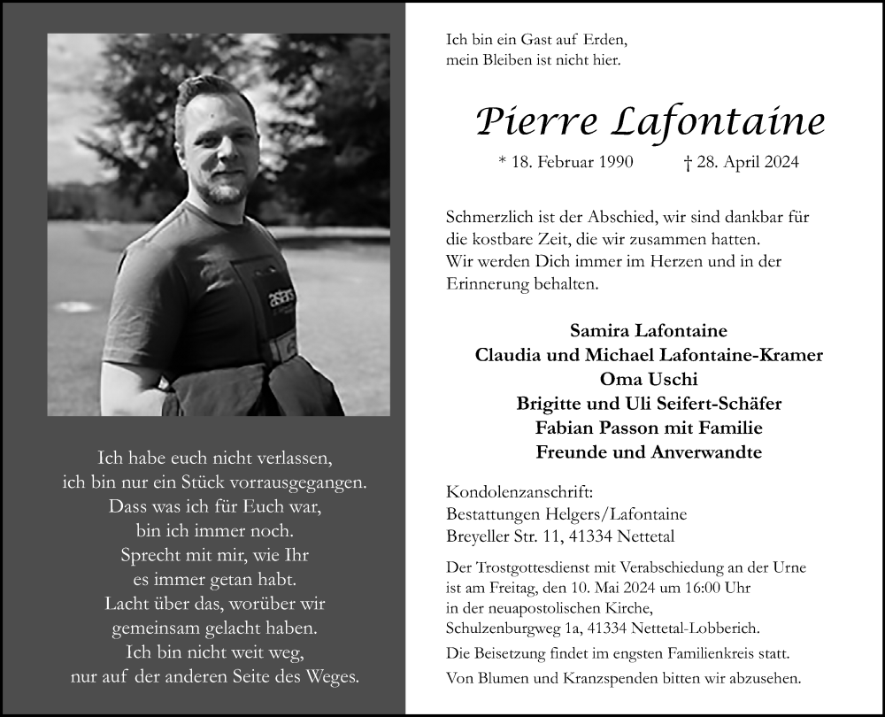  Traueranzeige für Pierre Lafontaine vom 05.05.2024 aus trauer.extra-tipp-moenchengladbach.de