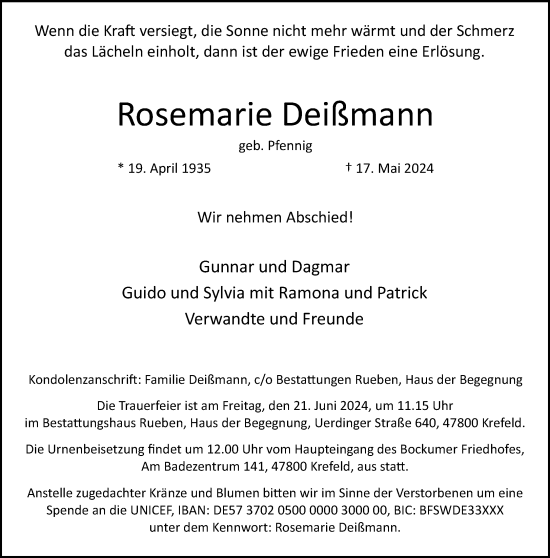 Traueranzeige von Rosemarie Deißmann von trauer.extra-tipp-moenchengladbach.de