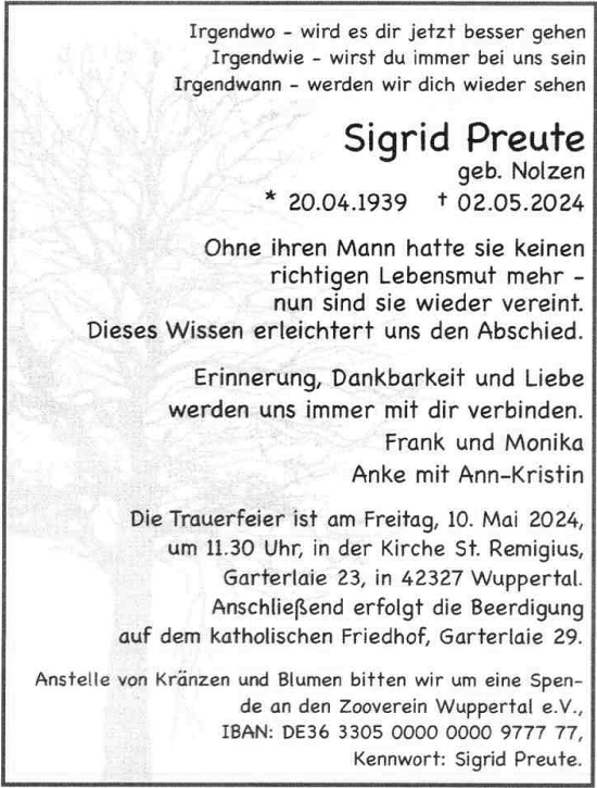Traueranzeige von Sigrid Preute von trauer.wuppertaler-rundschau.de