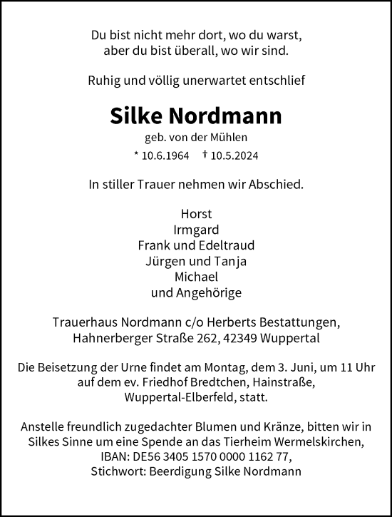 Traueranzeige von Silke Nordmann von trauer.wuppertaler-rundschau.de
