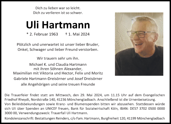 Traueranzeige von Uli Hartmann von trauer.extra-tipp-moenchengladbach.de