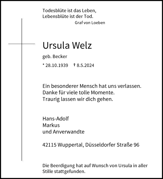 Traueranzeige von Ursula Wetz von trauer.wuppertaler-rundschau.de
