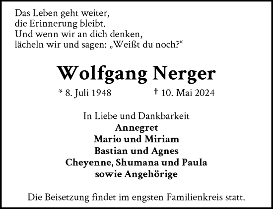 Traueranzeige von Wolfgang Nerger von trauer.wuppertaler-rundschau.de