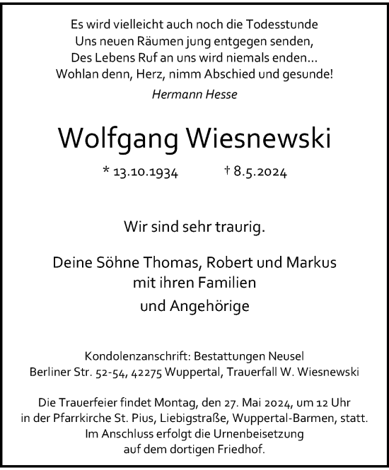 Traueranzeige von Wolfgang Wiesnewski von trauer.wuppertaler-rundschau.de