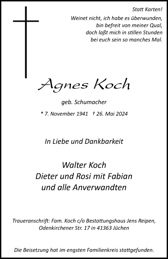 Traueranzeige von Agnes Koch von trauer.stadt-kurier.de