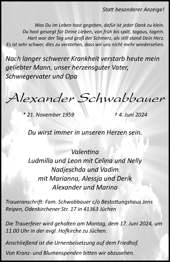 Traueranzeige von Alexander Schwabbauer von trauer.stadt-kurier.de