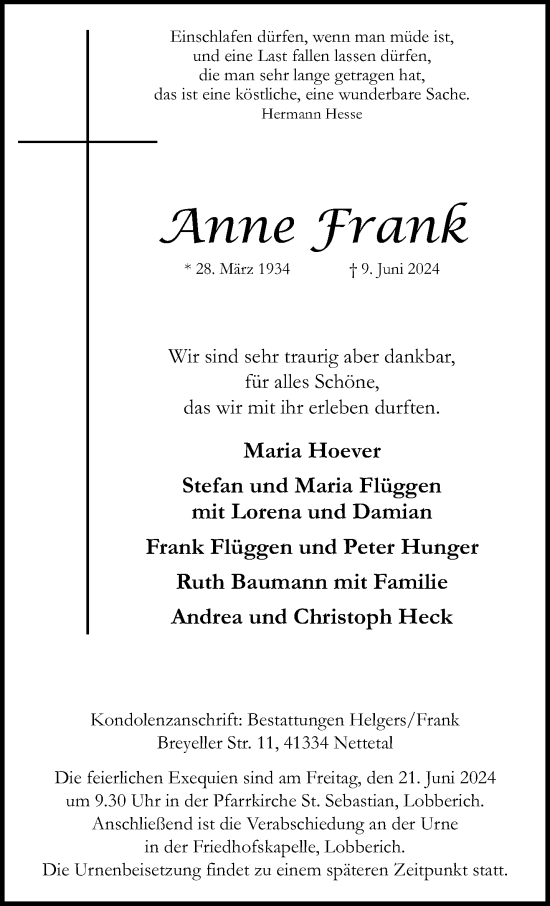 Traueranzeige von Anne Frank von trauer.extra-tipp-moenchengladbach.de