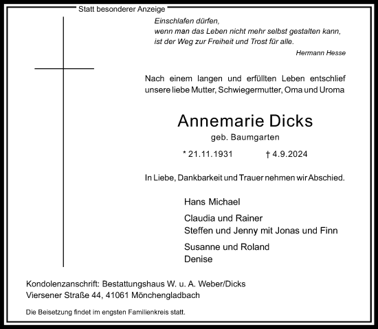Traueranzeige von Annemarie Dicks von trauer.extra-tipp-moenchengladbach.de