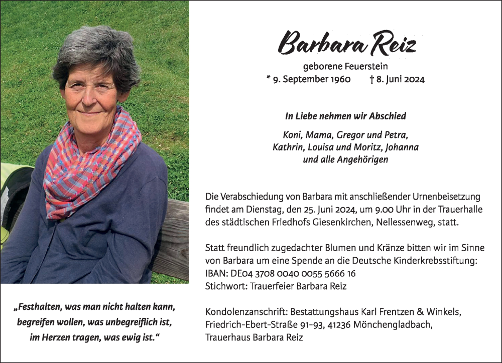 Traueranzeige für Barbara Reiz vom 16.06.2024 aus trauer.extra-tipp-moenchengladbach.de