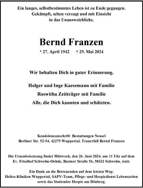 Traueranzeige von Bernd Franzen von trauer.wuppertaler-rundschau.de