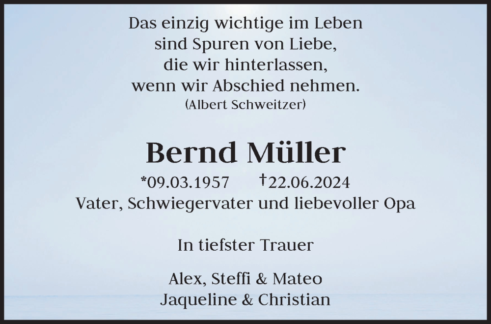  Traueranzeige für Bernd Müller vom 06.07.2024 aus trauer.wuppertaler-rundschau.de