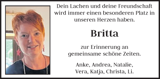 Traueranzeige von Britta  von trauer.wuppertaler-rundschau.de