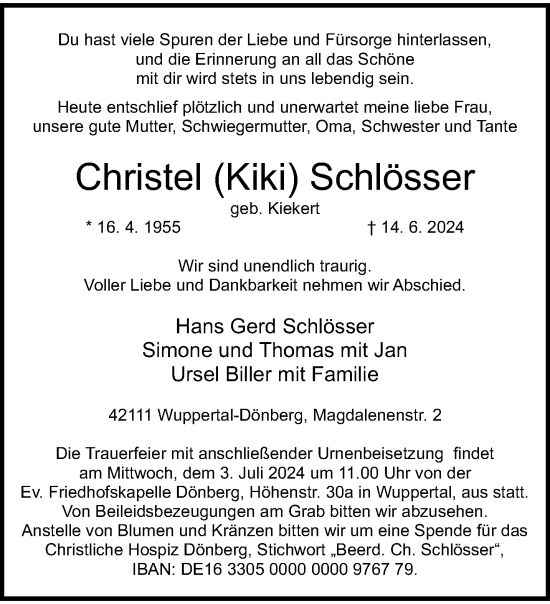 Traueranzeige von Christel Schlösser von trauer.wuppertaler-rundschau.de