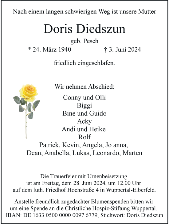Traueranzeige von Doris Diedszun von trauer.wuppertaler-rundschau.de