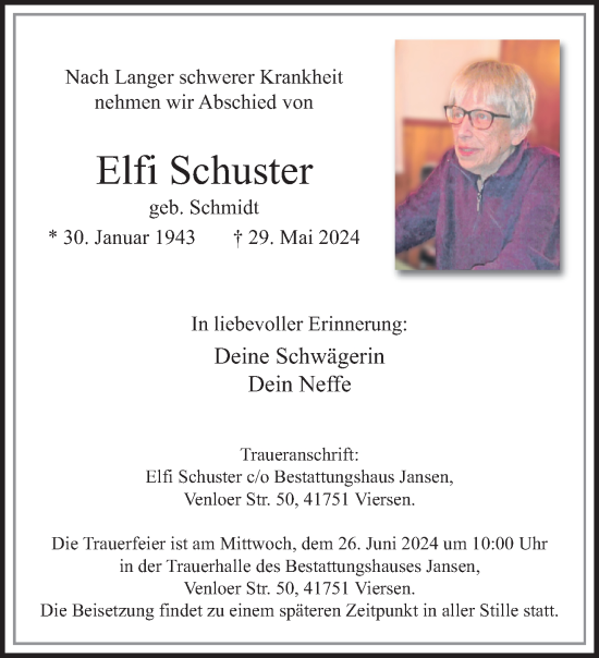 Traueranzeige von Elfi Schuster von trauer.extra-tipp-moenchengladbach.de