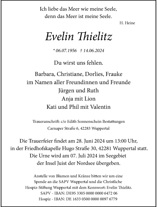 Traueranzeige von Evelin Thielitz von trauer.wuppertaler-rundschau.de
