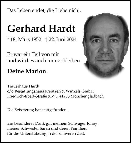 Traueranzeige von Gerhard Hardt von trauer.extra-tipp-moenchengladbach.de