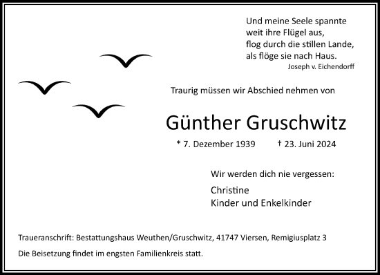 Traueranzeige von Günther Gruschwitz von trauer.extra-tipp-moenchengladbach.de