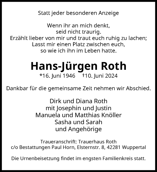 Traueranzeige von Hans-Jürgen Roth von trauer.wuppertaler-rundschau.de