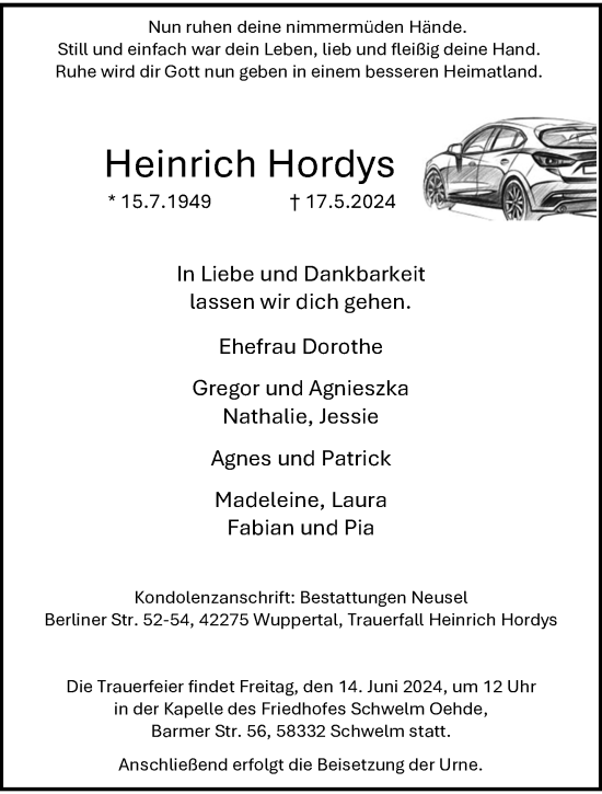 Traueranzeige von Heinrich Hordys von trauer.wuppertaler-rundschau.de