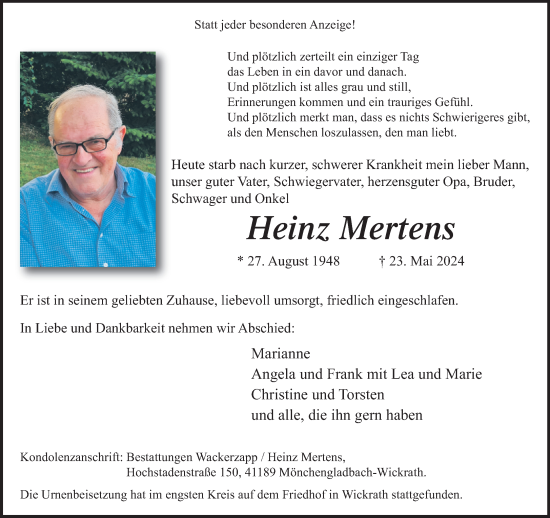 Traueranzeige von Heinz Mertens von trauer.extra-tipp-moenchengladbach.de