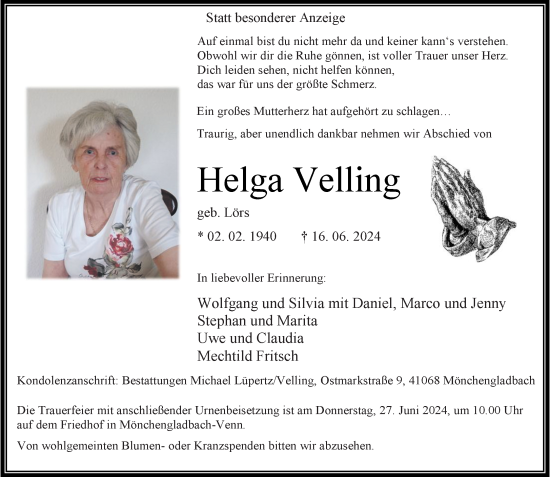 Traueranzeige von Helga Velling von trauer.extra-tipp-moenchengladbach.de