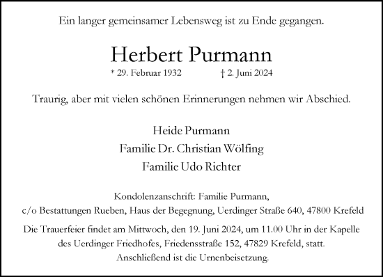 Traueranzeige von Herbert Purmann von trauer.extra-tipp-moenchengladbach.de