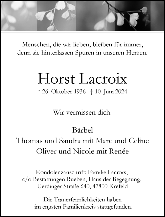 Traueranzeige von Horst Lacroix von trauer.extra-tipp-moenchengladbach.de