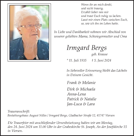 Traueranzeige von Irmgard Bergs von trauer.extra-tipp-moenchengladbach.de