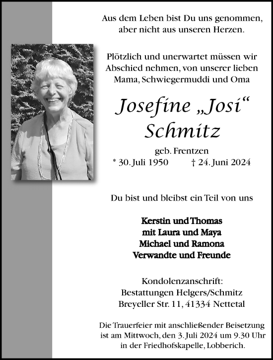 Traueranzeige von Josefine Schmitz von trauer.extra-tipp-moenchengladbach.de