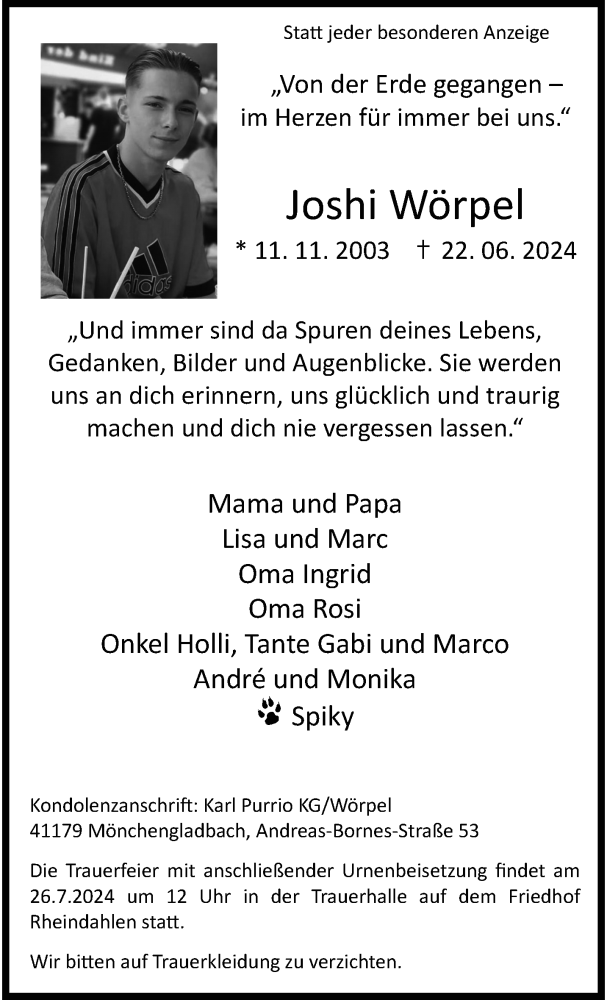  Traueranzeige für Joshi Wörpel vom 30.06.2024 aus trauer.extra-tipp-moenchengladbach.de