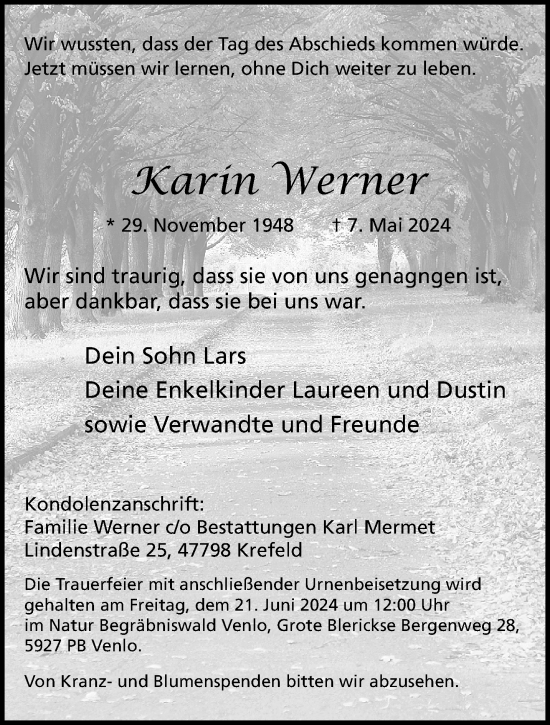 Traueranzeige von Karin Werner von trauer.extra-tipp-moenchengladbach.de