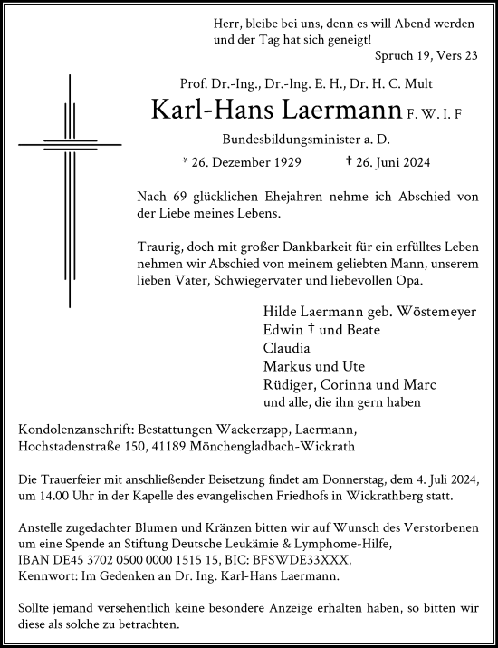 Traueranzeige von Karl-Hans Laermann von trauer.extra-tipp-moenchengladbach.de
