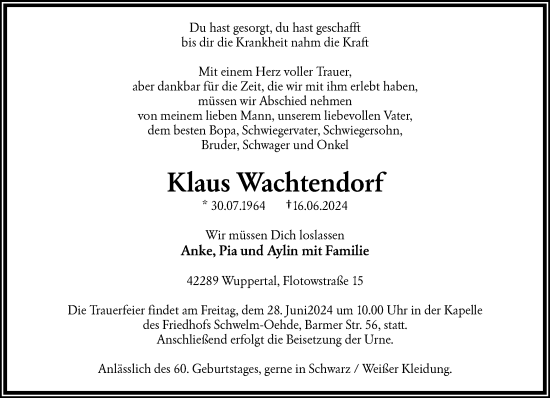 Traueranzeige von Klaus Wachtendorf von trauer.wuppertaler-rundschau.de