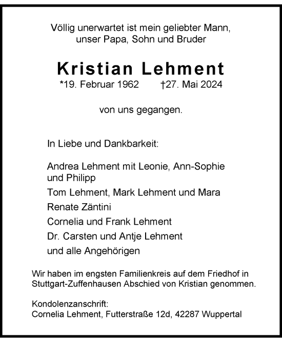 Traueranzeige von Kristian Lehment von trauer.wuppertaler-rundschau.de
