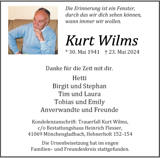 Traueranzeige von Kurt Wilms von trauer.extra-tipp-moenchengladbach.de