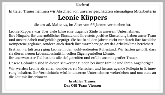 Traueranzeige von Leonie Küppers von trauer.extra-tipp-moenchengladbach.de