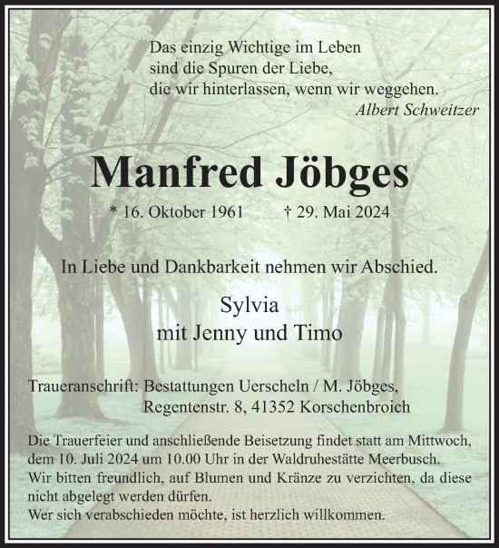 Traueranzeige von Manfred Jöbges von trauer.extra-tipp-moenchengladbach.de