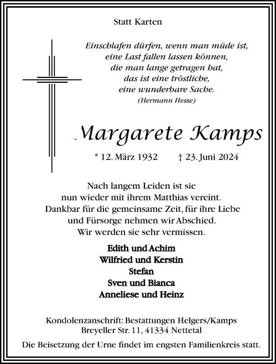 Traueranzeige von Margarete Kamps von trauer.extra-tipp-moenchengladbach.de
