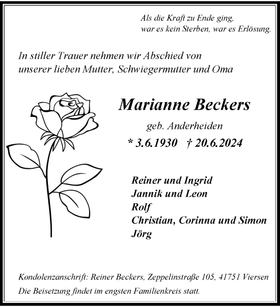Traueranzeige von Marianne Beckers von trauer.extra-tipp-moenchengladbach.de