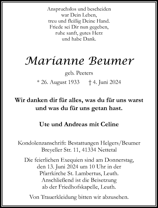 Traueranzeige von Marianne Beumer von trauer.extra-tipp-moenchengladbach.de