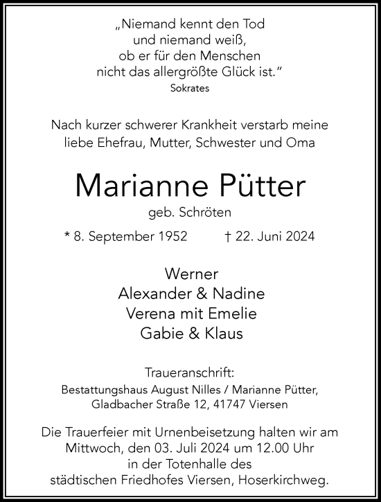 Traueranzeige von Marianne Pütter von trauer.extra-tipp-moenchengladbach.de