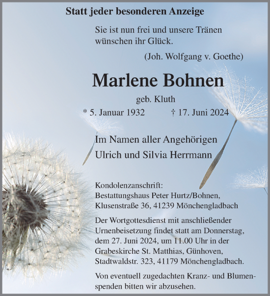 Traueranzeige von Marlene Bohnen von trauer.extra-tipp-moenchengladbach.de