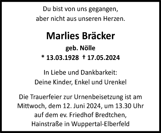 Traueranzeige von Marlies Bräcker von trauer.wuppertaler-rundschau.de
