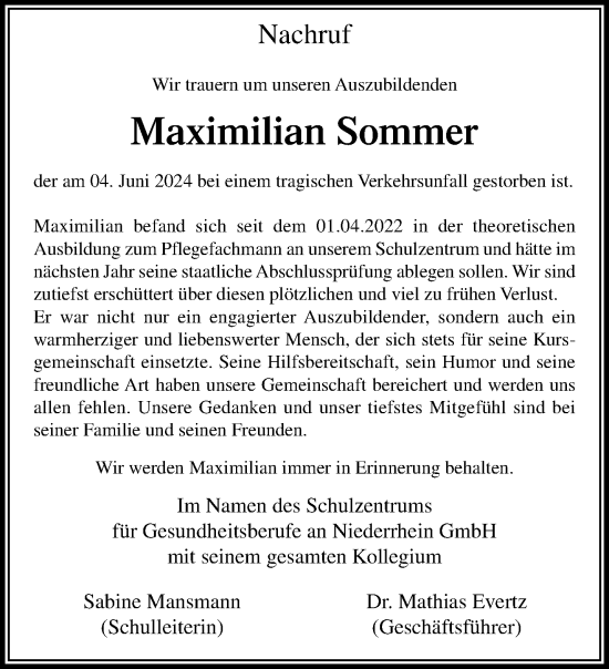 Traueranzeige von Maximilian Sommer von trauer.extra-tipp-moenchengladbach.de