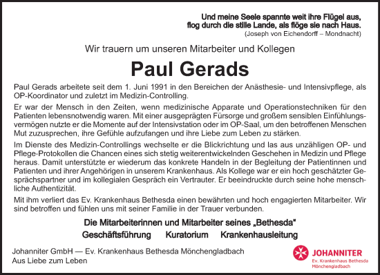 Traueranzeige von Paul Gerads von trauer.extra-tipp-moenchengladbach.de