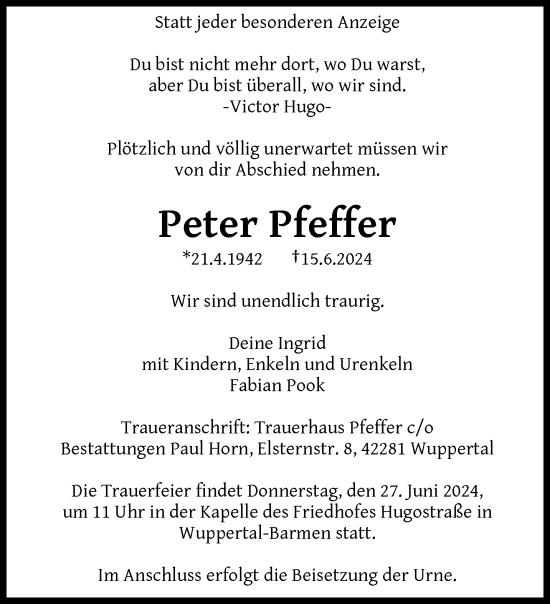 Traueranzeige von Peter Pfeffer von trauer.wuppertaler-rundschau.de