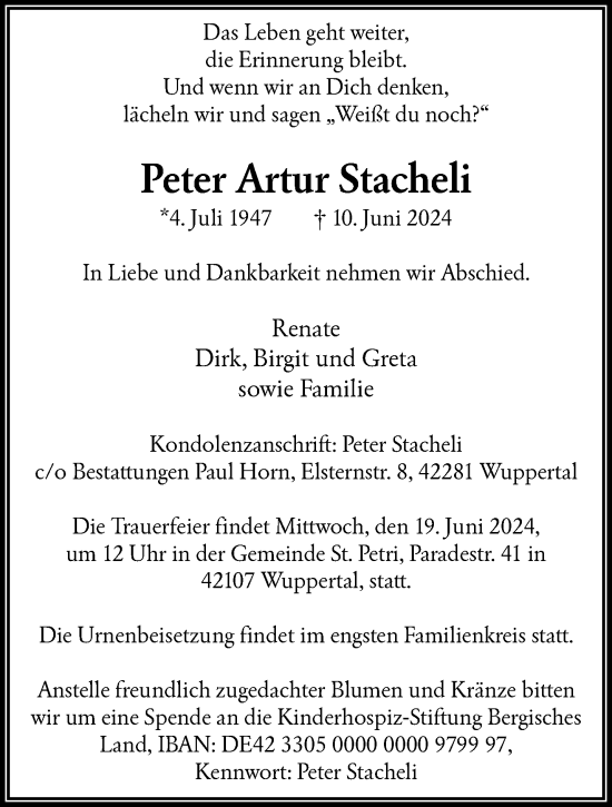 Traueranzeige von Peter Artur Stacheli von trauer.wuppertaler-rundschau.de