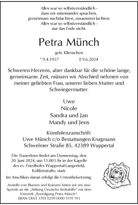 Traueranzeige von Petra Münch von trauer.wuppertaler-rundschau.de