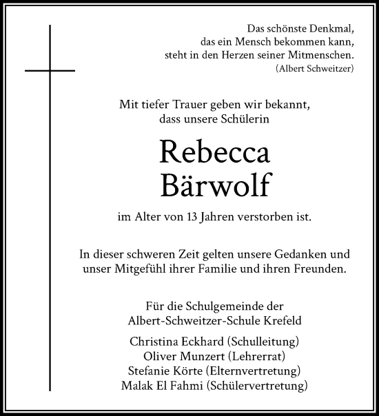 Traueranzeige von Rebecca Bärwolf von trauer.extra-tipp-moenchengladbach.de